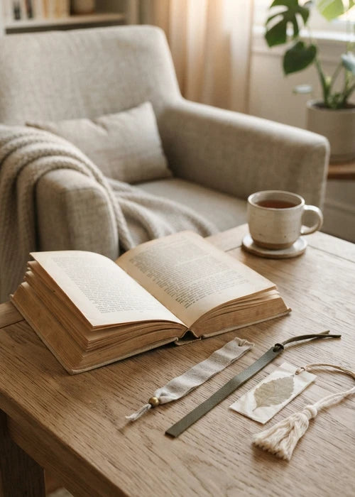 Marque-pages classiques, magnétiques et originaux disposés avec des livres dans un coin lecture chaleureux