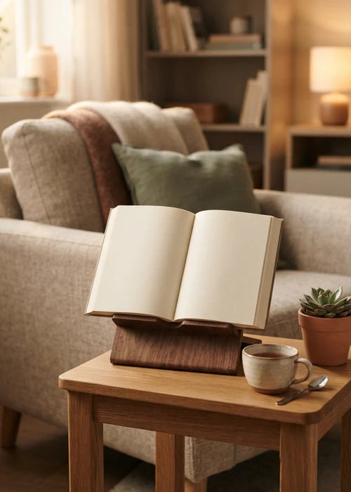 Support de livre posé sur une table dans un coin lecture calme et chaleureux