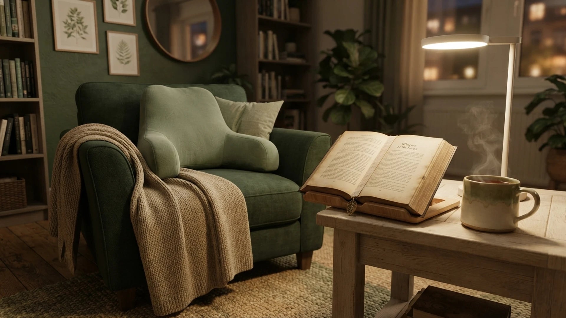 Une scène de lecture paisible avec un livre ouvert sur un support, une lampe douce, et une tasse de thé dans un cadre confortable.