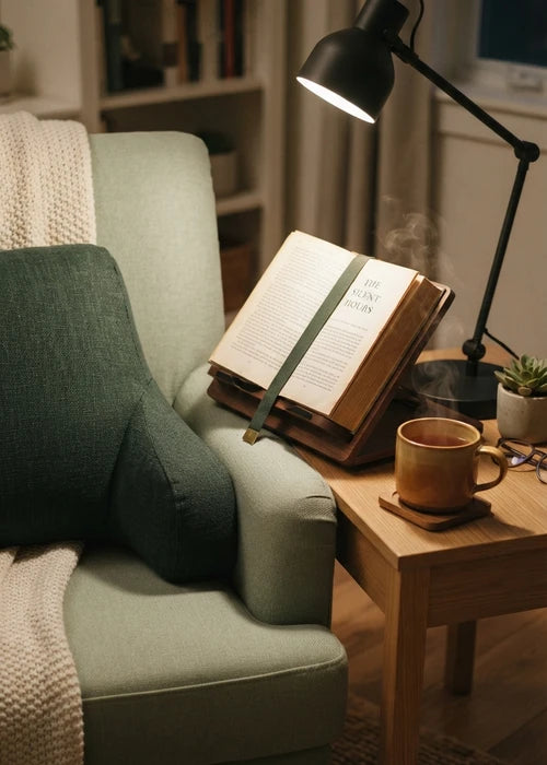 Une scène de lecture paisible avec un livre ouvert sur un support, une lampe douce, et une tasse de thé dans un cadre confortable.