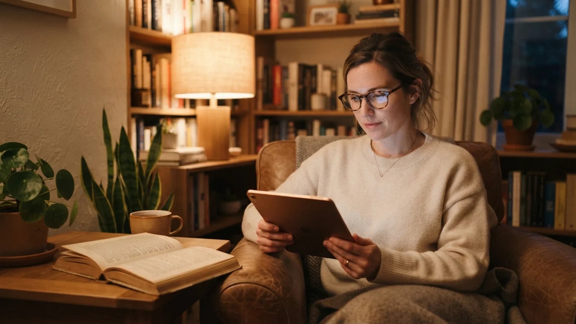 Lectrice portant des lunettes de lecture devant une tablette, dans un coin calme éclairé par une lampe.