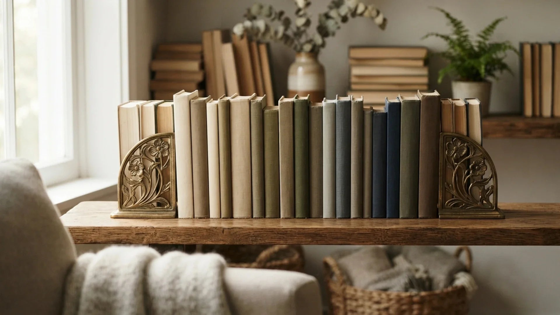 Serre-livres design en métal maintenant des ouvrages sur une étagère dans un coin lecture chaleureux