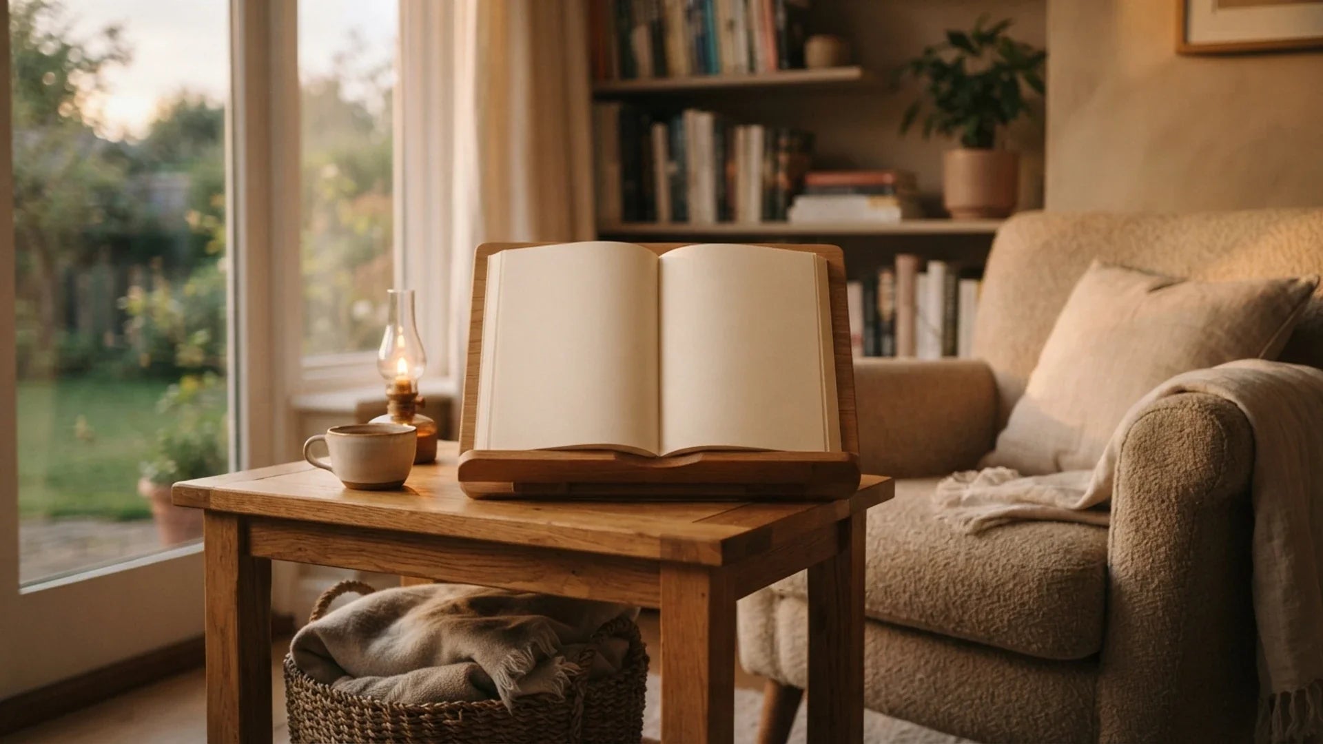 Support de livre posé sur une table dans un coin lecture calme et chaleureux