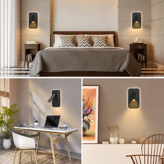 Collage présentant l'applique murale LED installée dans une chambre, un bureau et un salon, états allumé et éteint