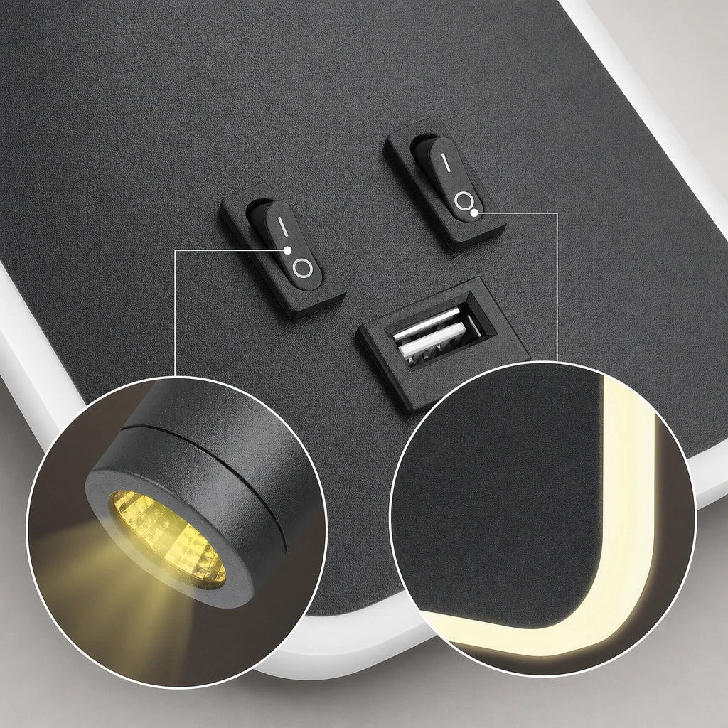 Gros plan sur les deux interrupteurs indépendants et le port USB de l'applique, avec détails du spot et du rétroéclairage