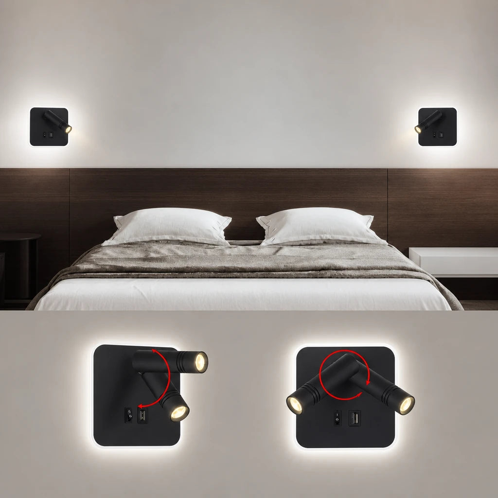 Applique murale LED dans une chambre illustrant le réglage de l'angle du spot à 90° et la rotation horizontale