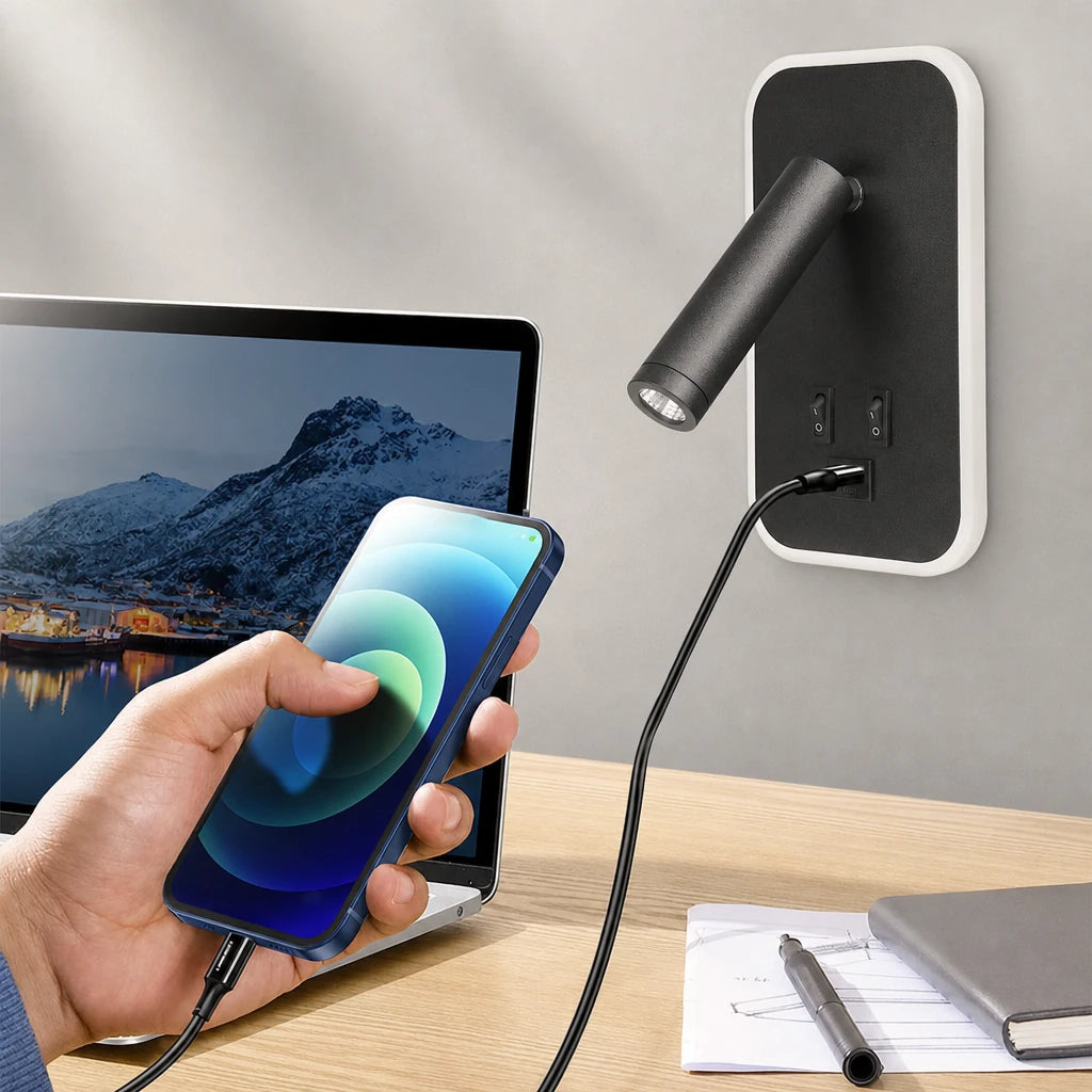 Démonstration de la fonction de charge USB de l'applique murale LED avec un téléphone et un câble branchés