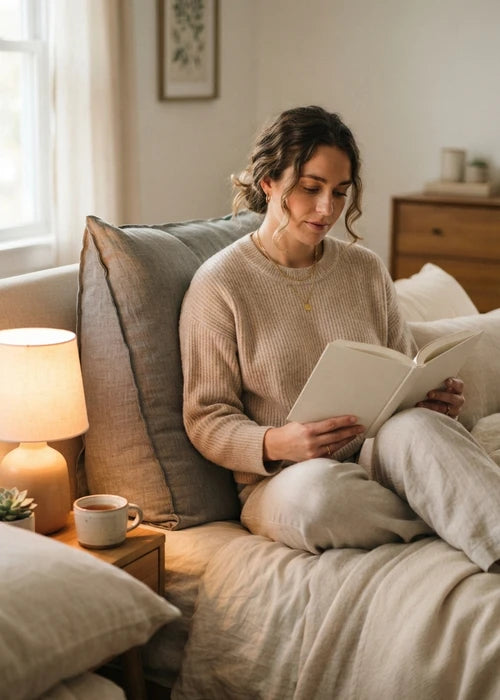 Lectrice installée dans un lit avec un coussin de lecture triangulaire, dans une ambiance douce et apaisante