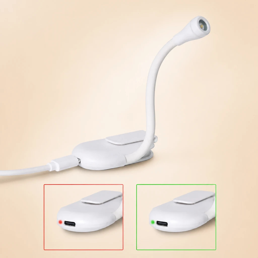 Lampe blanche avec câble de charge USB et indicateurs lumineux rouge en charge et vert chargée