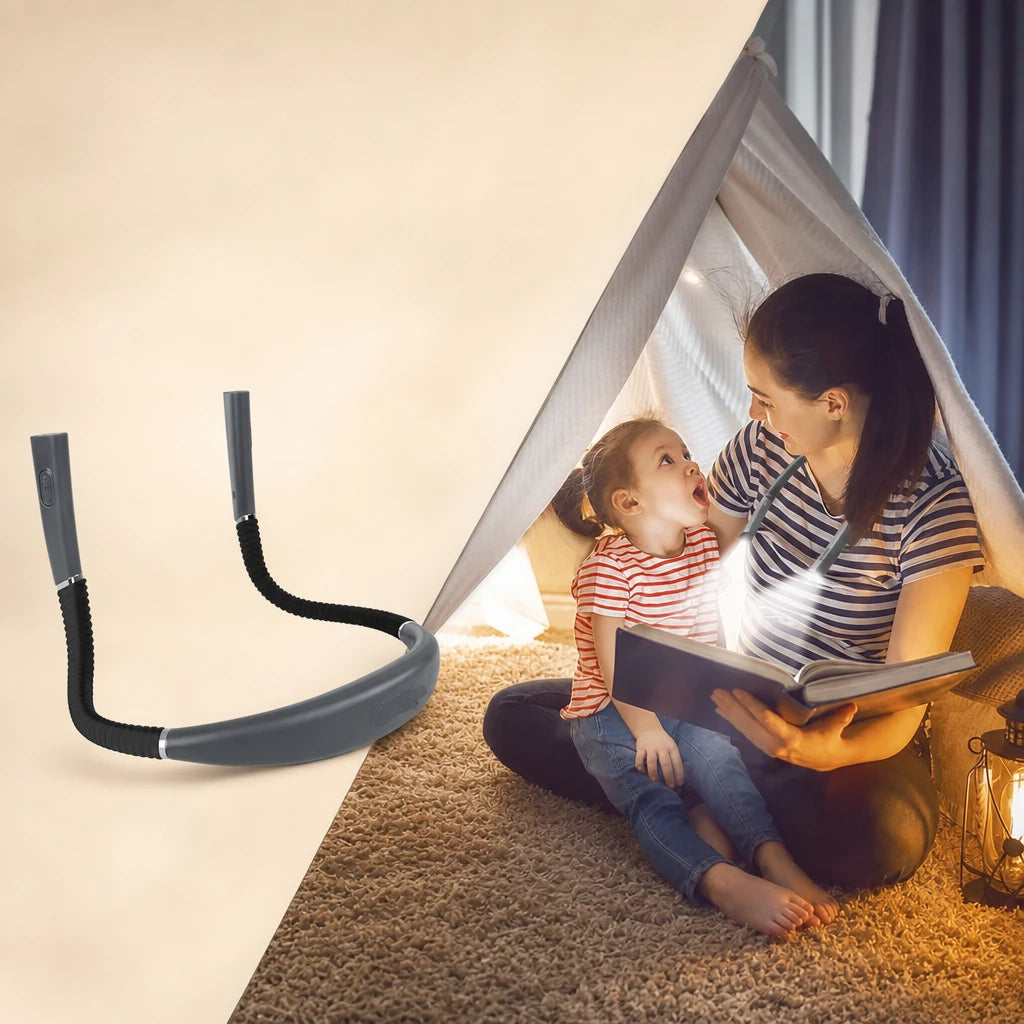 Femme et enfant lisant sous une tente avec une lampe de cou LED allumée