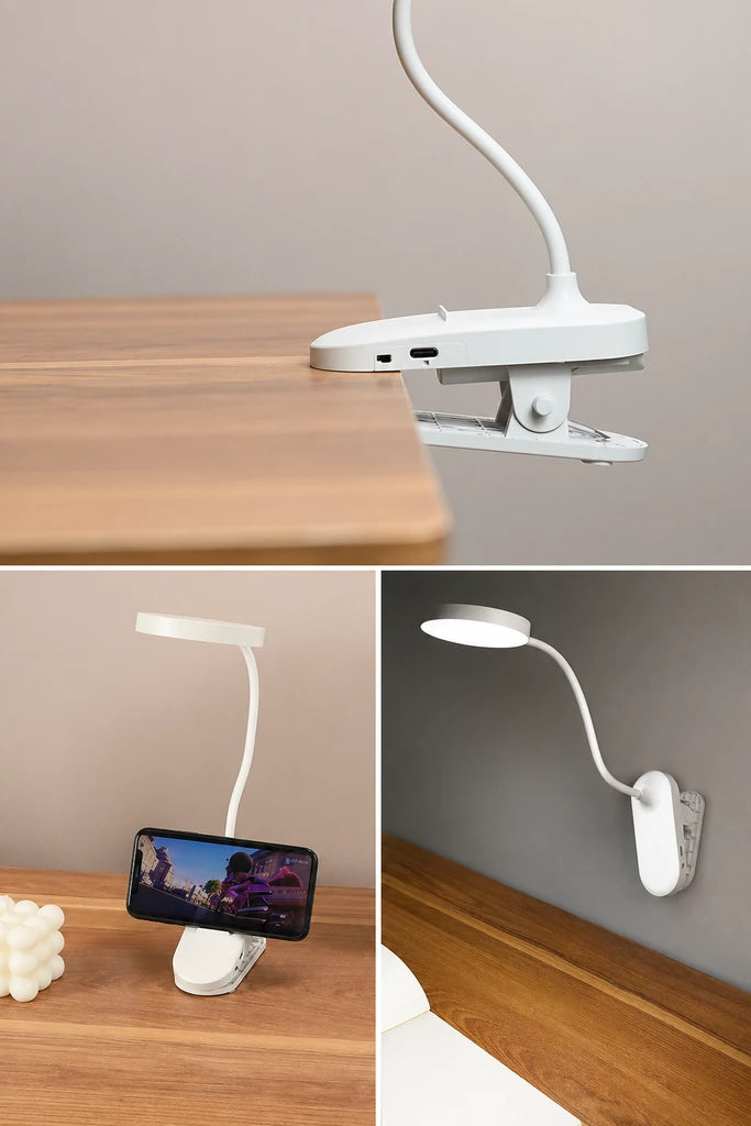 Trois modes d'utilisation de la lampe : fixation par pince, lampe de bureau posée et lampe murale