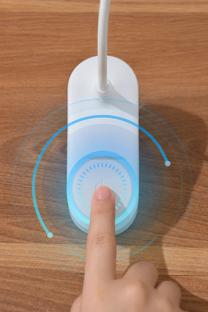 Bouton tactile de commande de la lampe avec effet lumineux circulaire bleu
