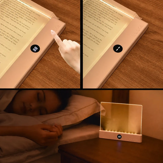 Affichage du minuteur numérique et fonction extinction automatique, lampe posée sur une table de nuit