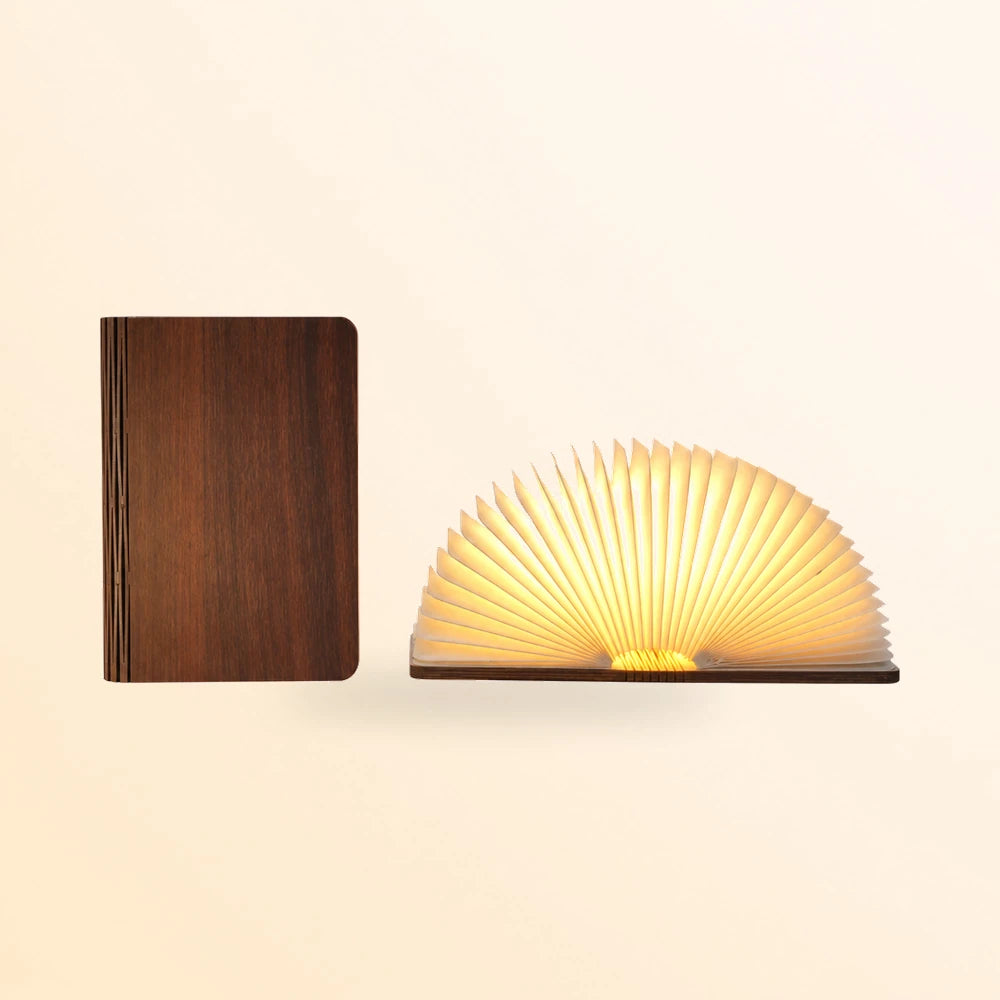 Lampe livre avec couverture en noyer rouge : vue fermée et vue ouverte en demi-lune