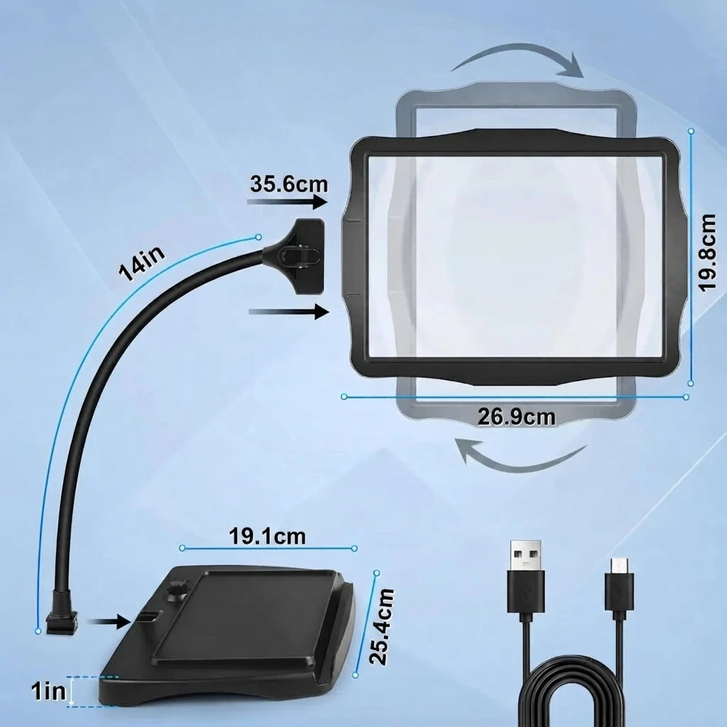 vue des dimensions de la loupe de bureau avec bras flexible et câble usb