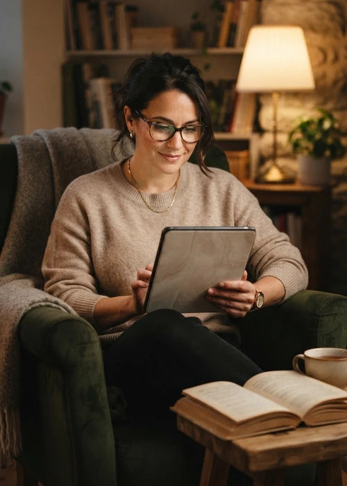 Lectrice portant des lunettes de lecture devant une tablette, dans un coin calme éclairé par une lampe.