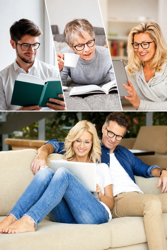 Adultes portant des lunettes pendant la lecture et l'utilisation d'une tablette