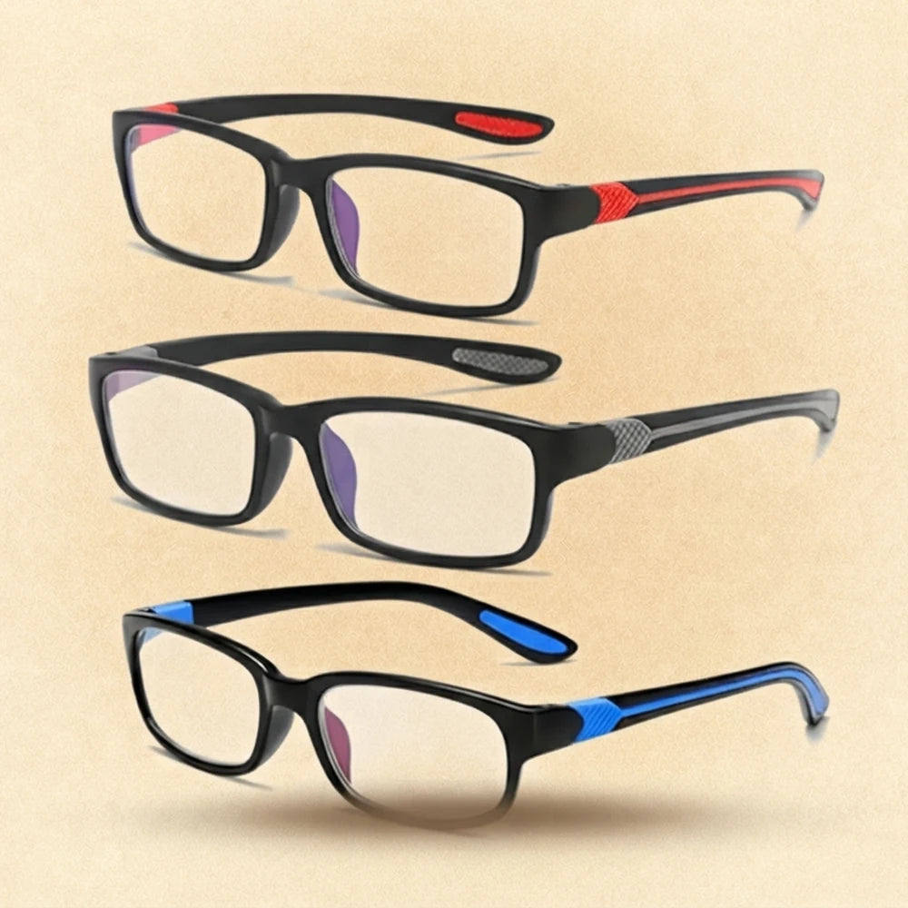 Lot de trois paires à monture noire avec détails rouges, gris et bleus