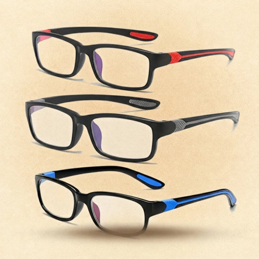 Lot de trois paires à monture noire avec détails rouges, gris et bleus