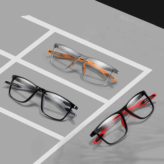 Trois montures rectangulaires aux détails orange, gris et rouge