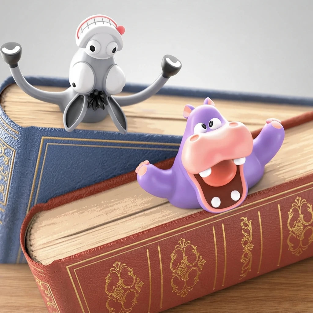 Âne gris et hippopotame violet dépassant de deux livres