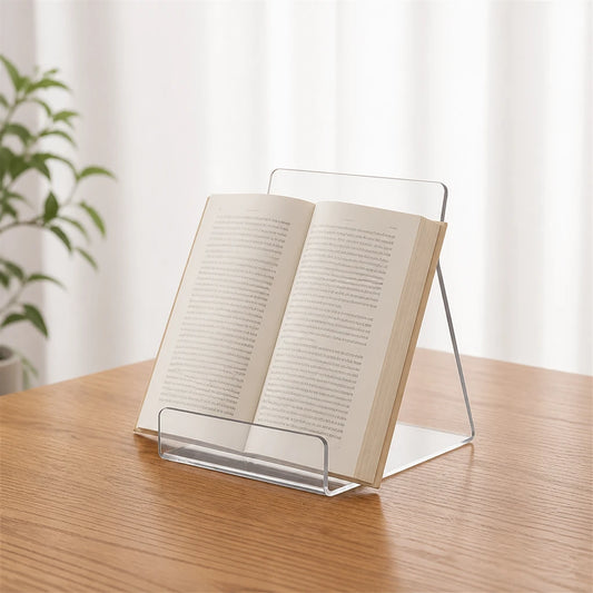 Support transparent incliné avec rebord posé sur une table en bois
