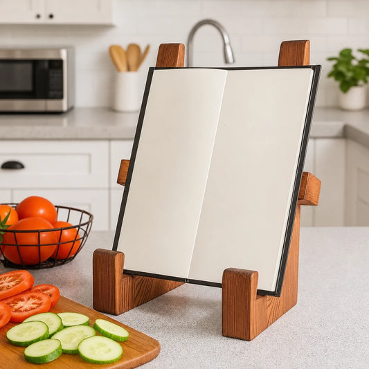 Porte-livre en bois tenant un livre ouvert sur un plan de travail de cuisine, avec des tomates et des concombres à proximité
