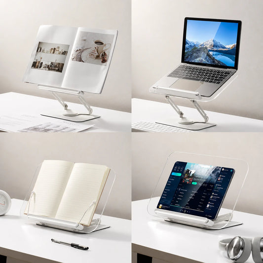 Quatre usages du support acrylique : livre, laptop, écriture et tablette