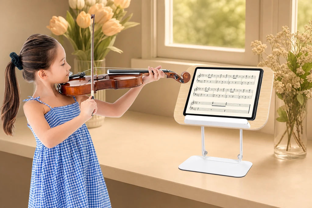 Petite fille jouant du violon avec une partition musicale affichée sur le support
