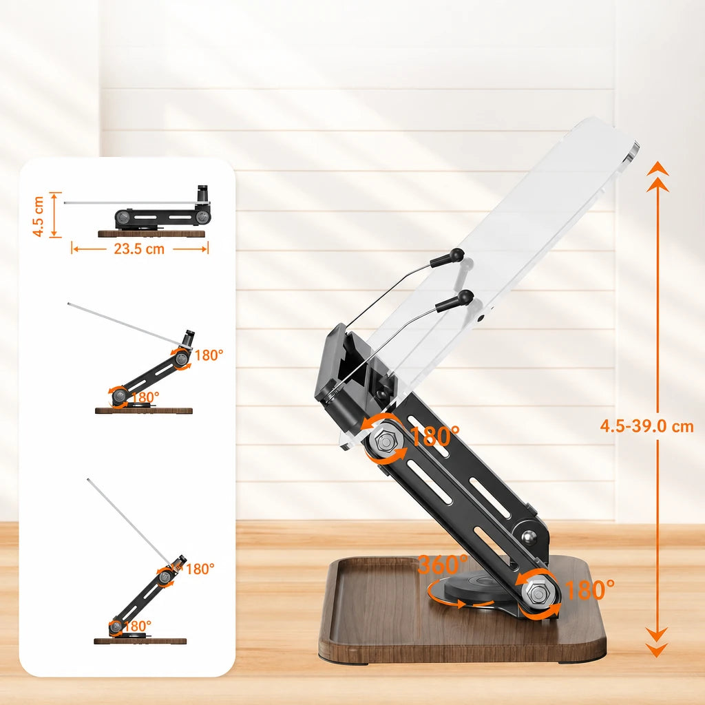 Schéma de réglage de la hauteur de 4,5 cm à 39 cm et de l'angle jusqu'à 180°