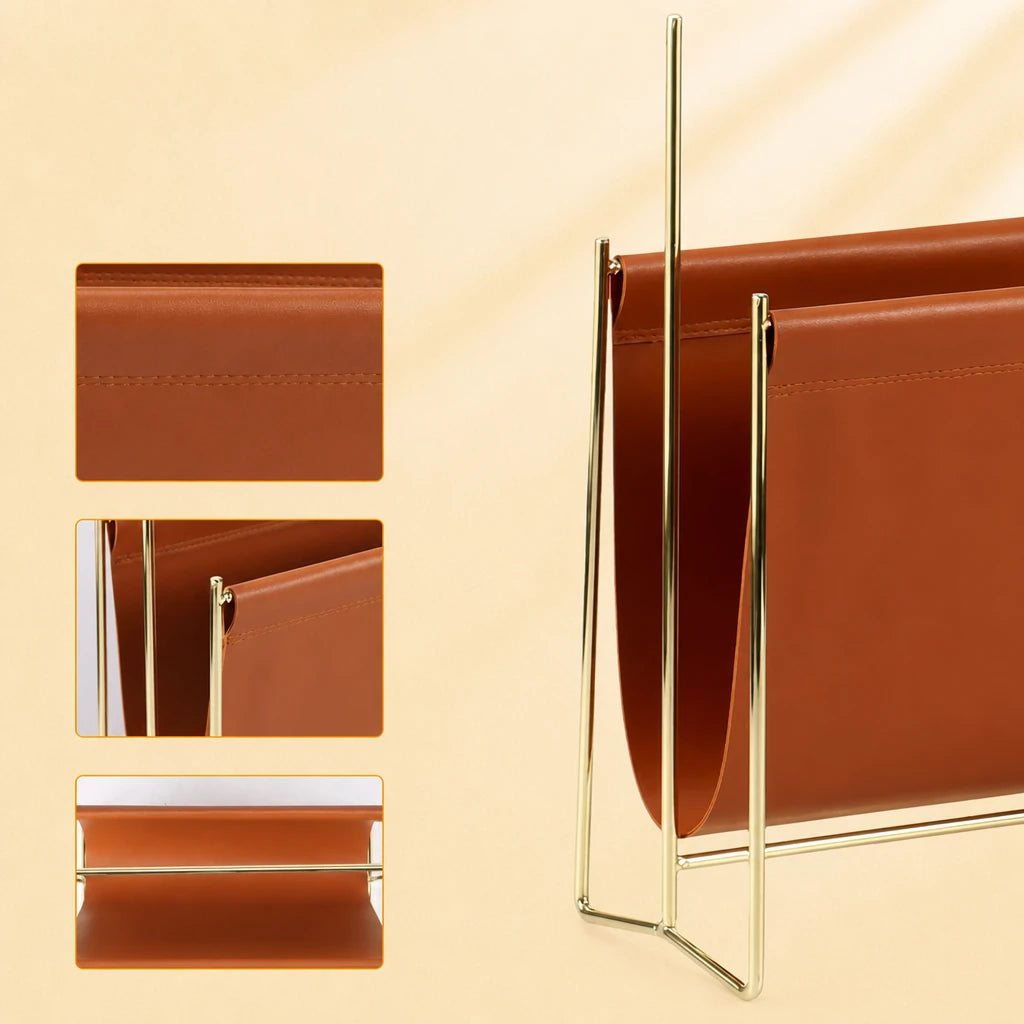 Zoom sur les détails du porte-revues : texture simili cuir, fixation métallique dorée et grande capacité de rangement