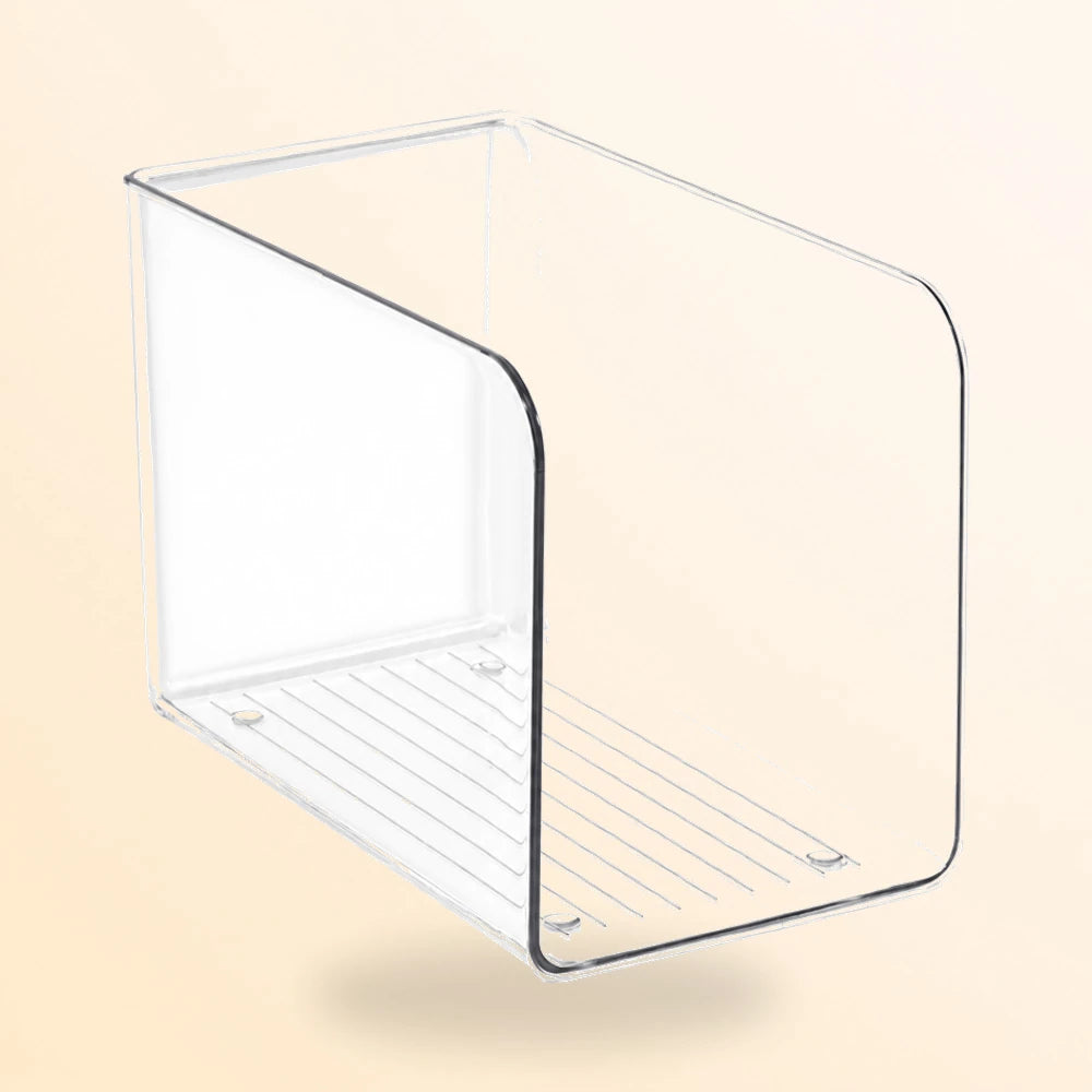 Vue de profil du porte-revues transparent vide posé sur fond blanc