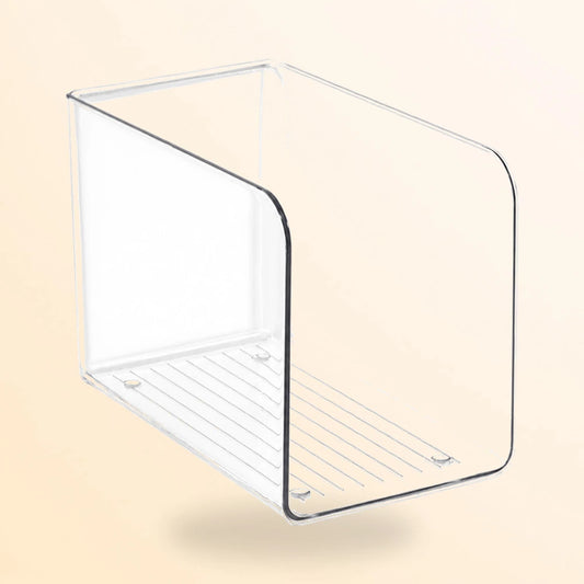 Vue de profil du porte-revues transparent vide posé sur fond blanc