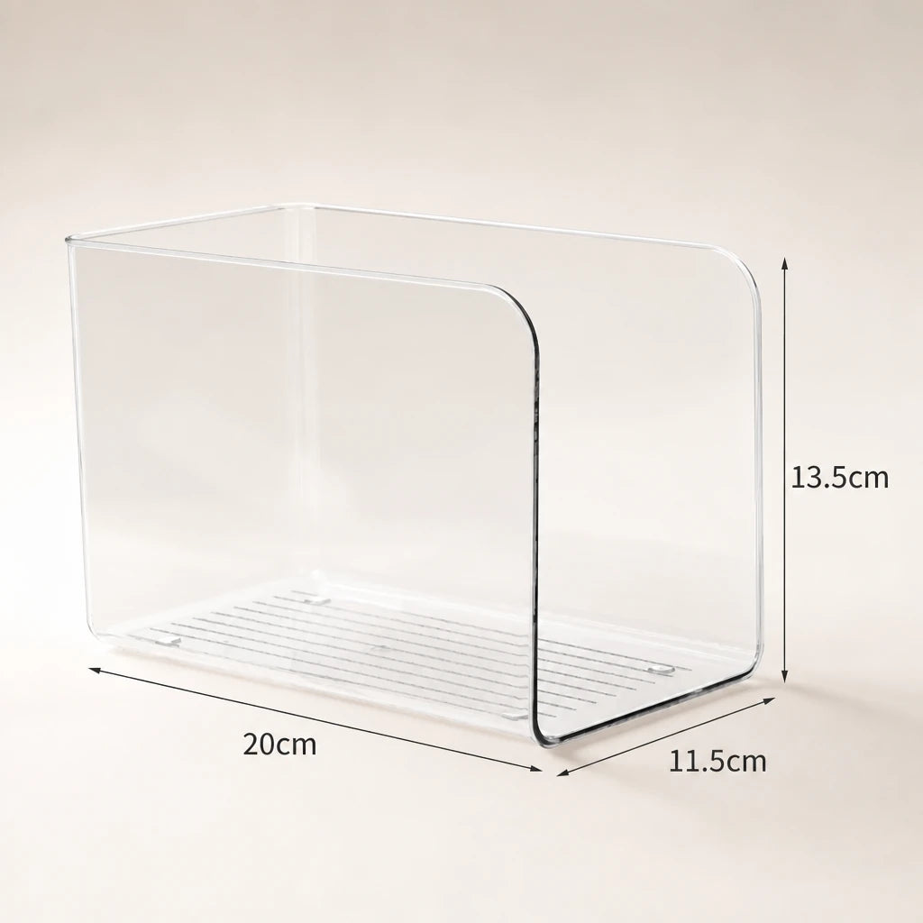 Porte-revues transparent sur fond blanc avec dimensions indiquées : 20 cm de long, 11,5 cm de large, 13,5 cm de haut