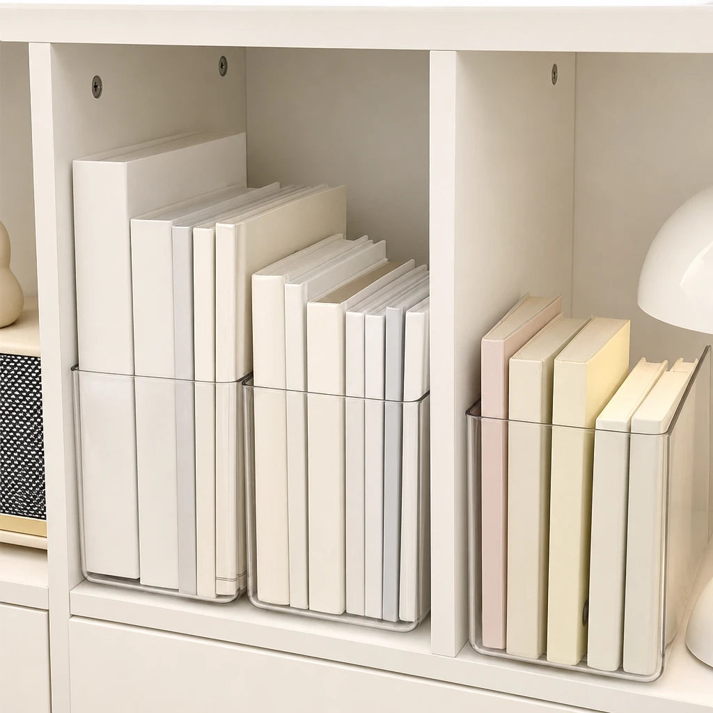 Porte-revues transparent rangé dans une étagère contenant plusieurs livres debout