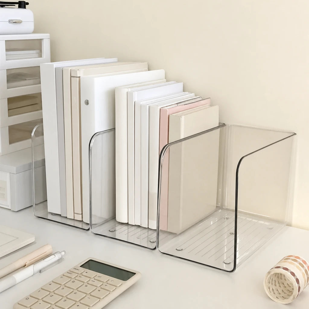 Porte-revues transparent avec livres et séparateurs sur un bureau, calculatrice et stylos visibles