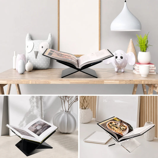 Trois mises en situation du pupitre de lecture noir et transparent avec des livres ouverts