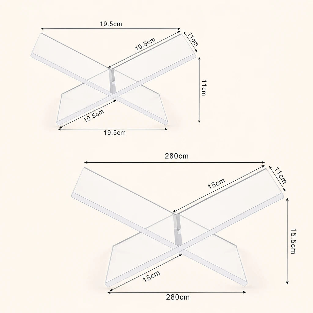Schéma des dimensions des deux formats du pupitre : petit 19,5 × 11 × 11 cm et grand 28 × 15,1 × 15,5 cm