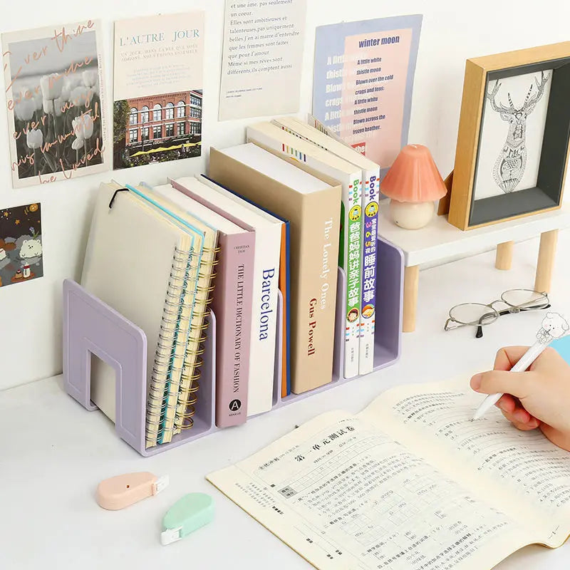 Organiseur violet rempli de livres et cahiers dans un espace d'étude