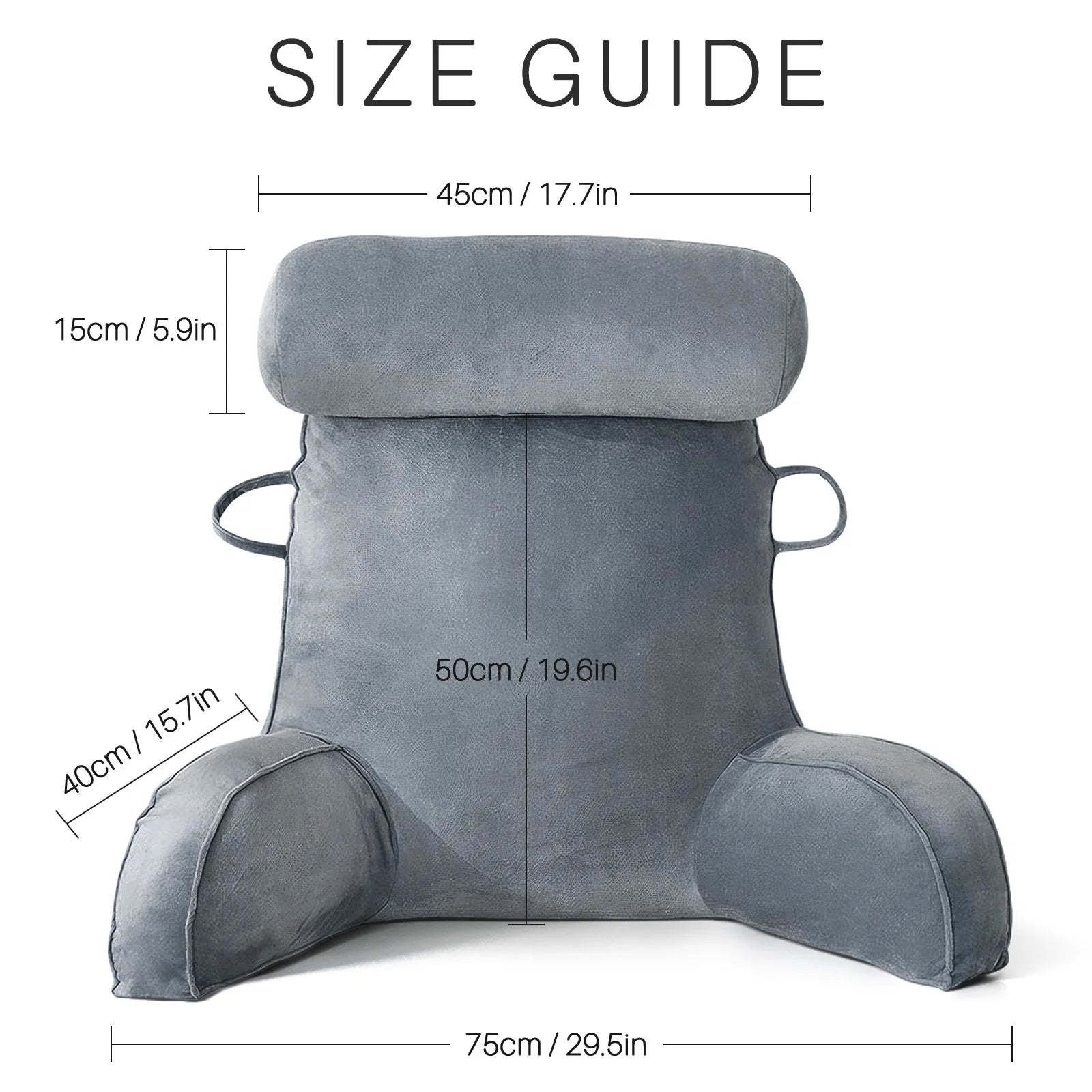 Guide des dimensions du coussin de lecture : 75 cm de large, 50 cm de haut et appui-tête de 45 x 15 cm