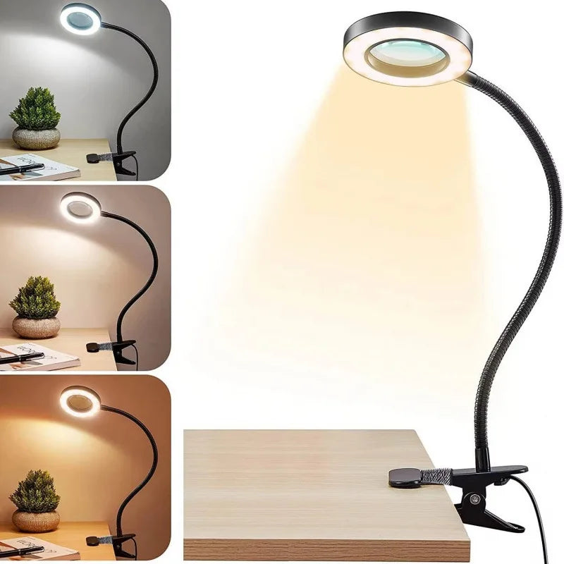 lampe loupe led fixée par clip sur un bureau avec différents tons de lumière