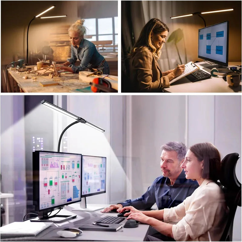 plusieurs scènes de travail montrant une lampe double tête au-dessus d’écrans et de plans de travail