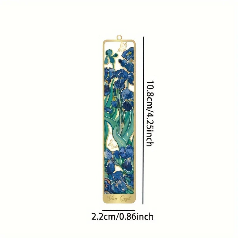 Marque-page métal iris Van Gogh sur fond blanc avec dimensions 10,8 × 2,2 cm indiquées