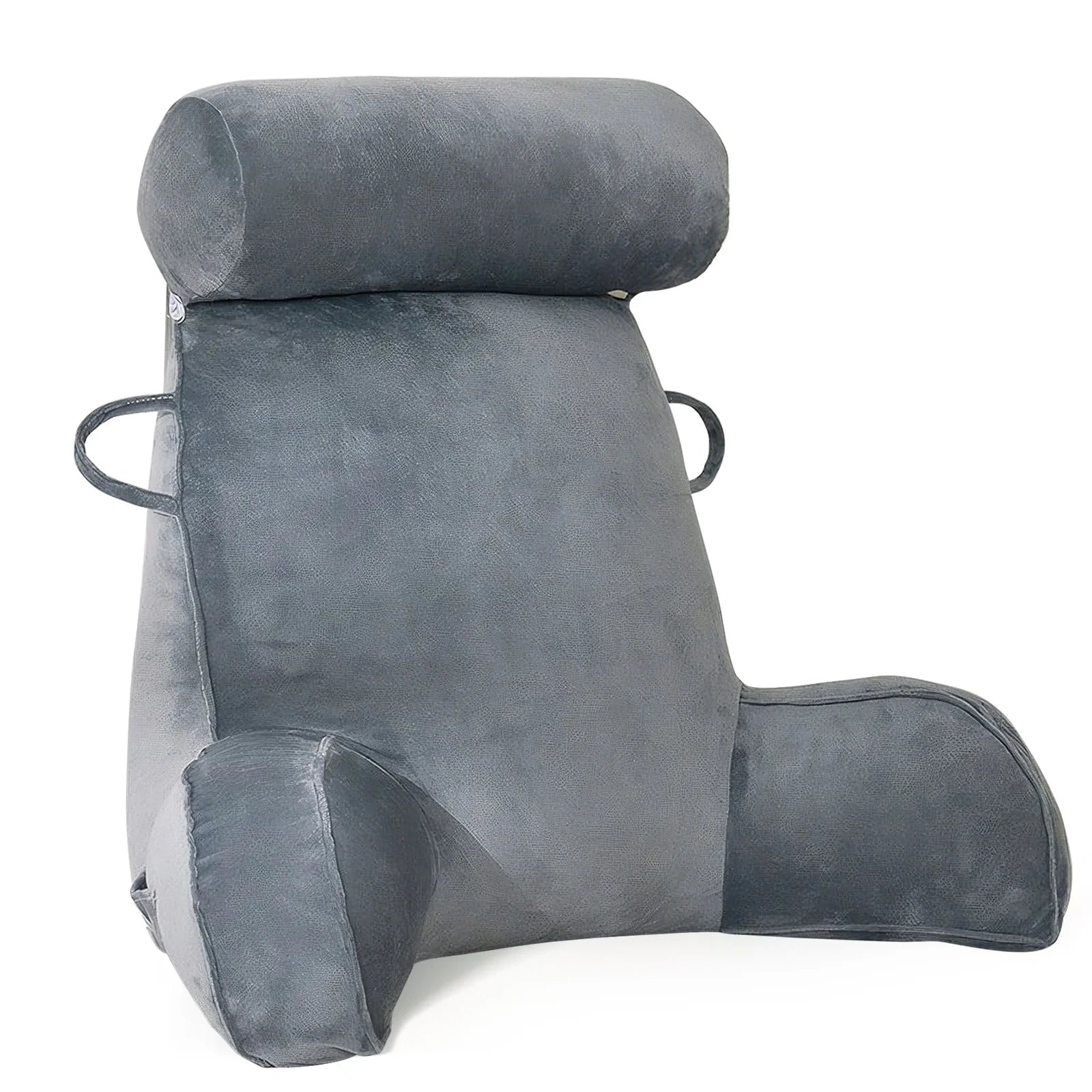 Vue de face du coussin de lecture gris avec accoudoirs, appui-tête cylindrique et poignées latérales
