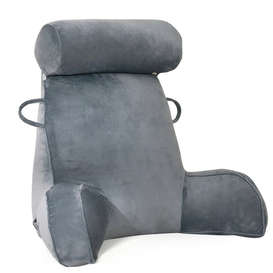 Vue de face du coussin de lecture gris avec accoudoirs, appui-tête cylindrique et poignées latérales