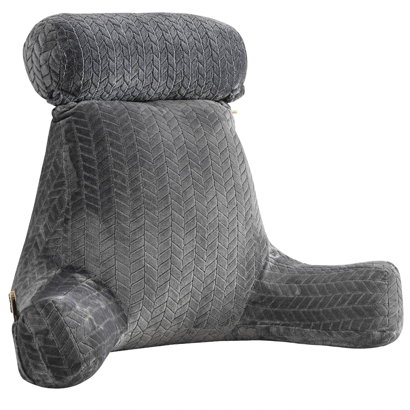 gros plan sur un coussin de lecture gris avec accoudoirs et rouleau pour la nuque