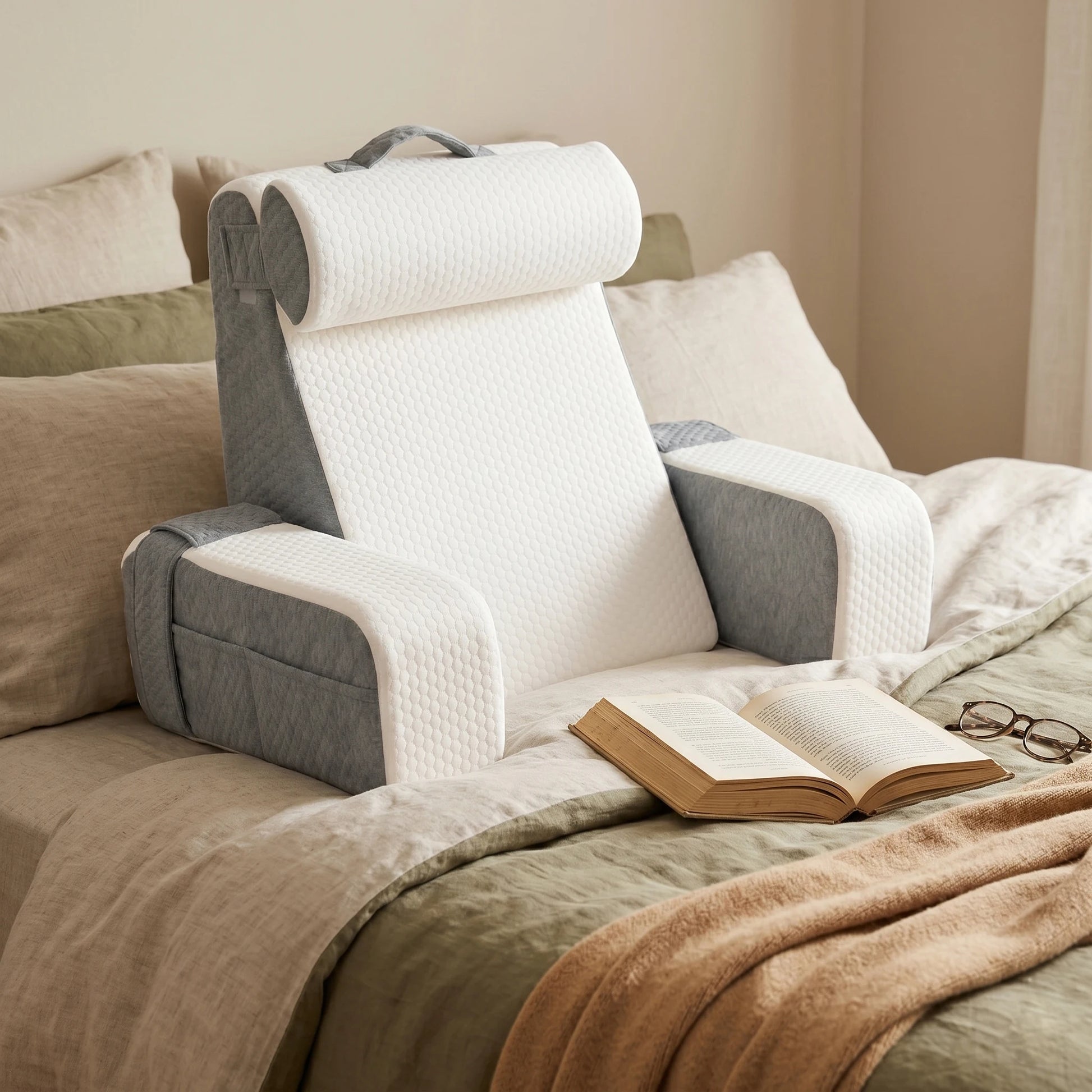 coussin de lecture blanc et gris posé sur un lit avec un livre ouvert