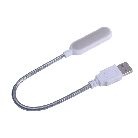 mini lampe usb blanche avec tige flexible posée sur fond blanc