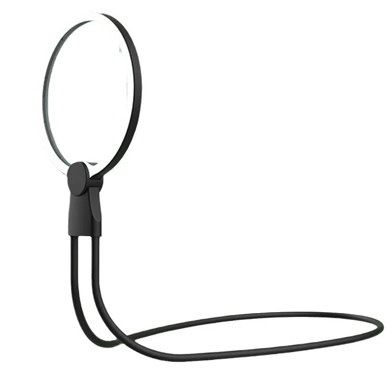 vue latérale d’une loupe tour de cou ronde à led avec long flexible noir sur fond blanc
