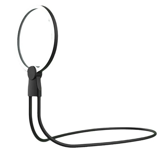 vue latérale d’une loupe tour de cou ronde à led avec long flexible noir sur fond blanc